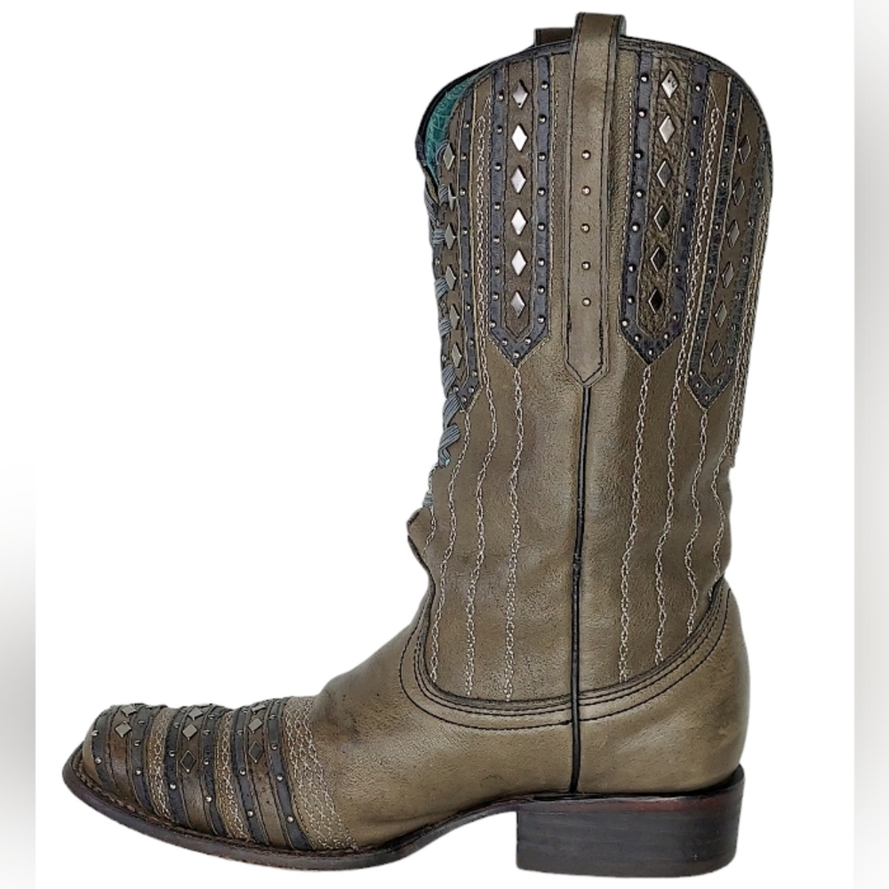 Corral Size 8.5M Taupe Silver Studs Laced Leather Snip Toe Coastal Cowgirl Boots - Picture 7 of 13